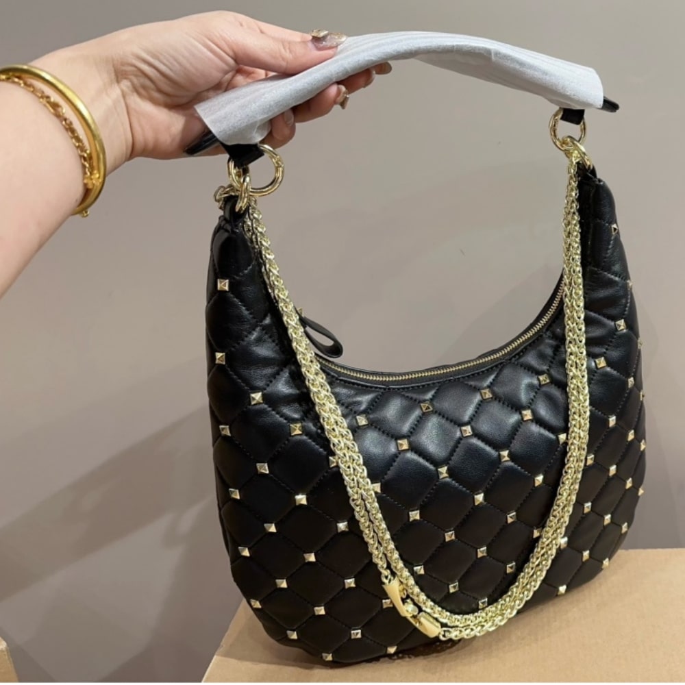 Valentino Rockstud Spike Leather Hobo Bag Black 28Cm 3W2B0M32Was