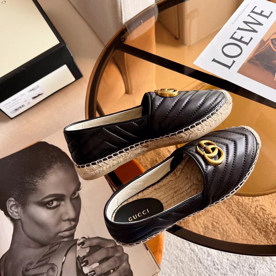 Gucci Espadrille Matelasse Chevron Leather With Double G Black 551890 Bko00 1000