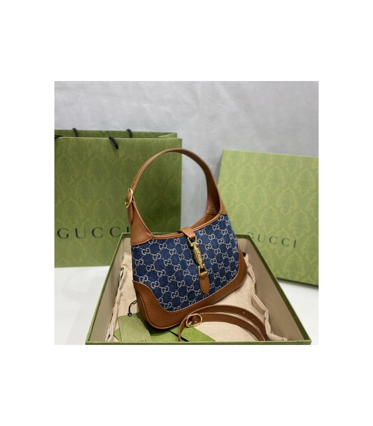 Gucci Jackie 1961 Small Shoulder Bag in Blue Jacquard Denim 28cm