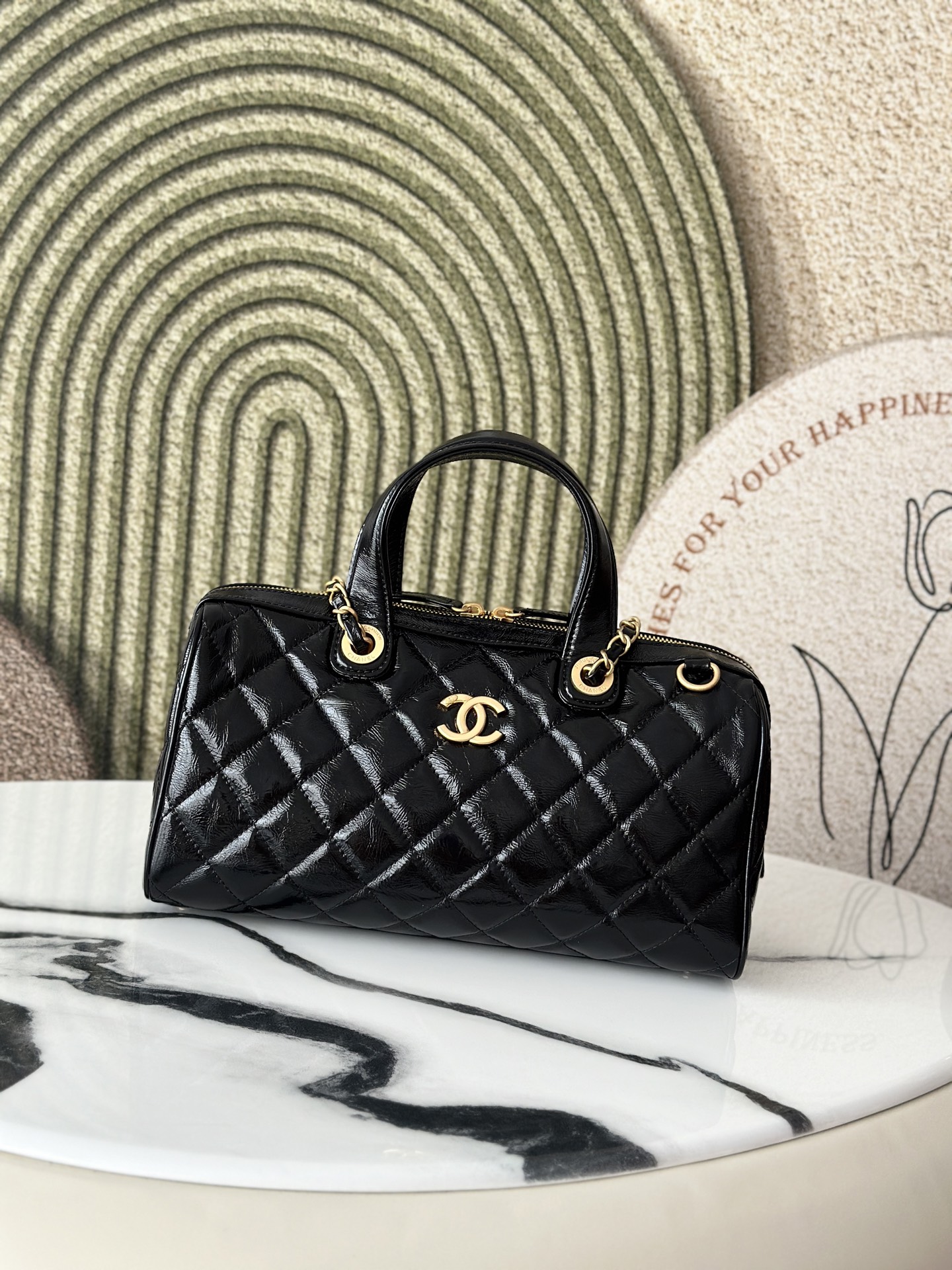 25A Black Oil Wax Calfskin Quilted Bowling Bag with Gold Hardware