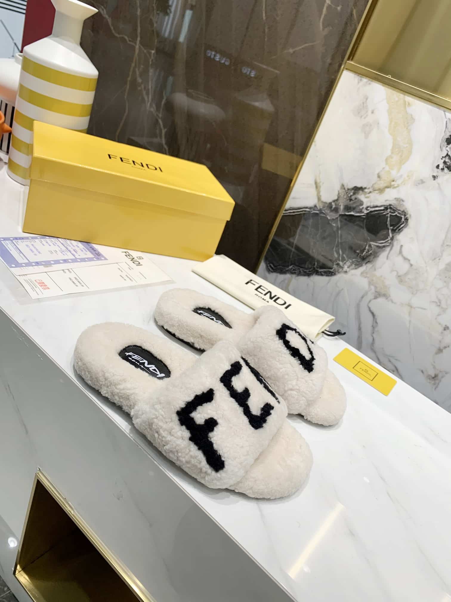 Fendi Shearling Slides White
