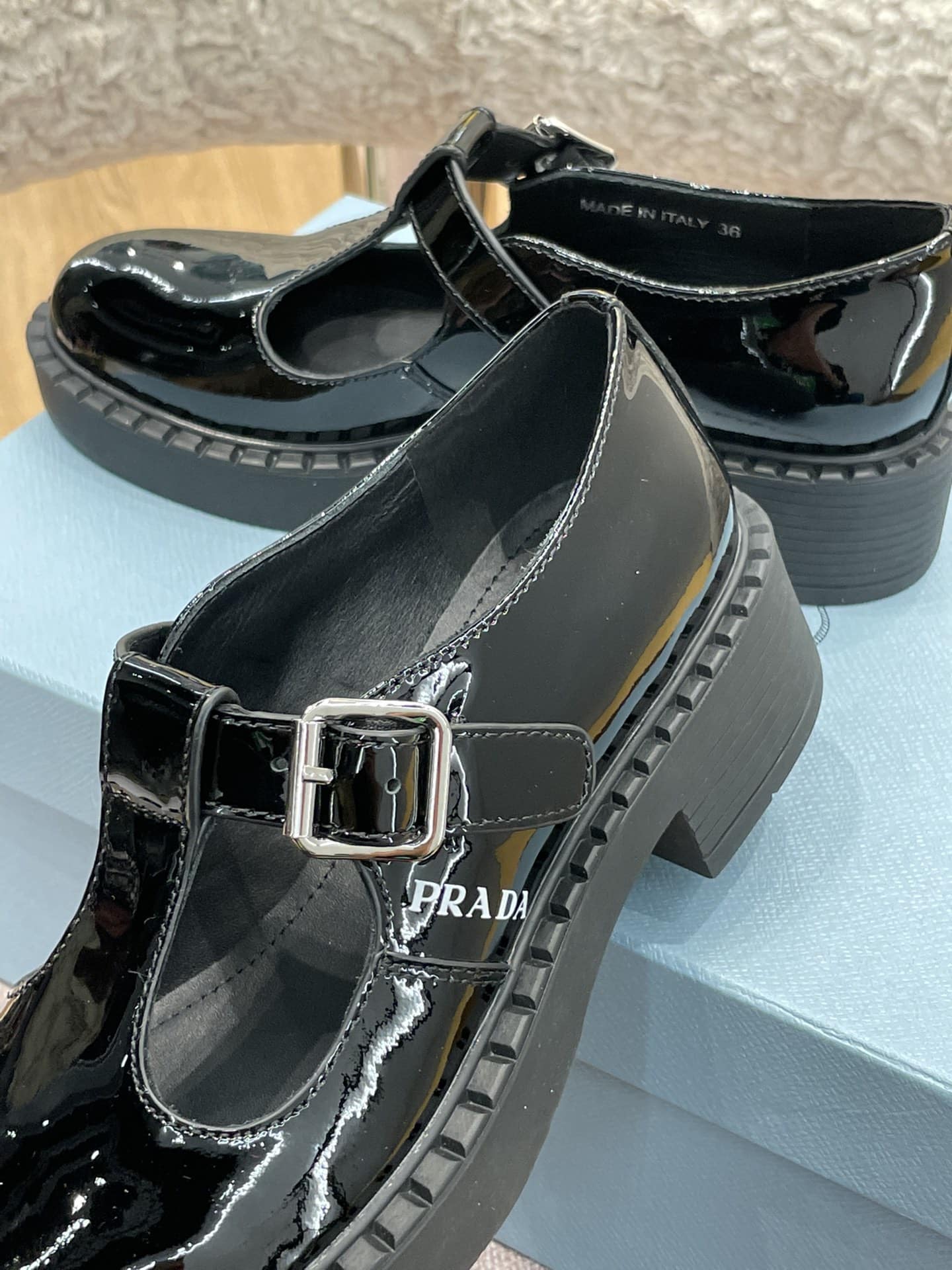 Prada Brushed Leather Mary Jane T Strap Shoes Black 2Ee372 055 F0002