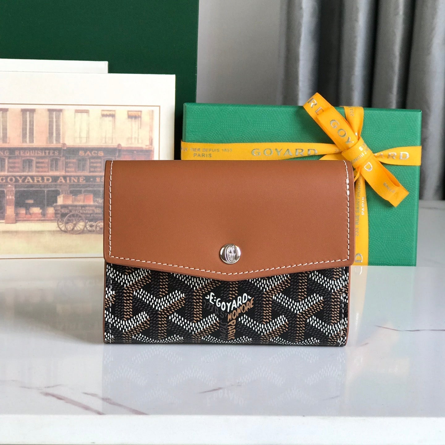 Goyard Saint-Gabriel Wallet 12 Cm Tan Calfskin And Black Goyardine Canvas