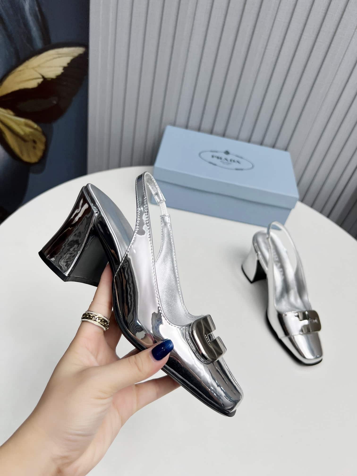 Prada Leather Slingback Pumps Silver
