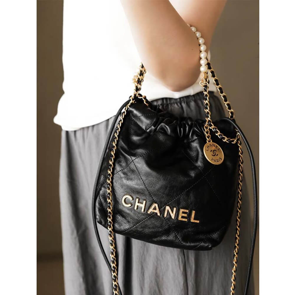 Chanel 22 Mini Bag Shiny Crumpled Calfskin with Pearl Chain