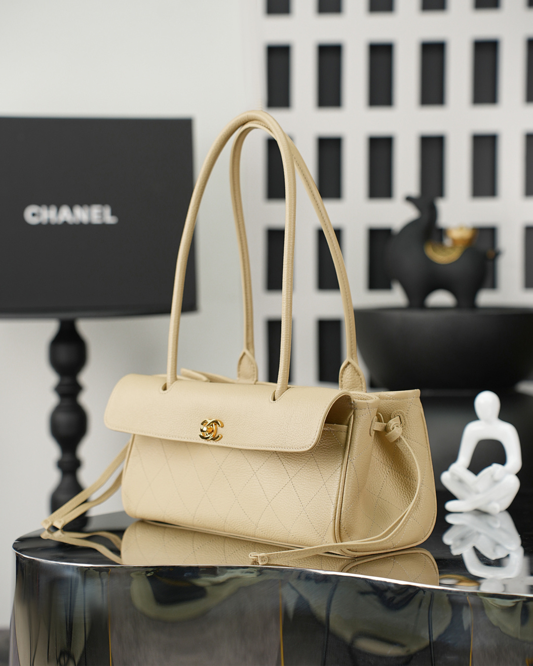 Spring-Summer 2026 Beige Quilted Caviar Leather Baguette Shoulder Bag with Gold-Tone Hardware & Long Handle