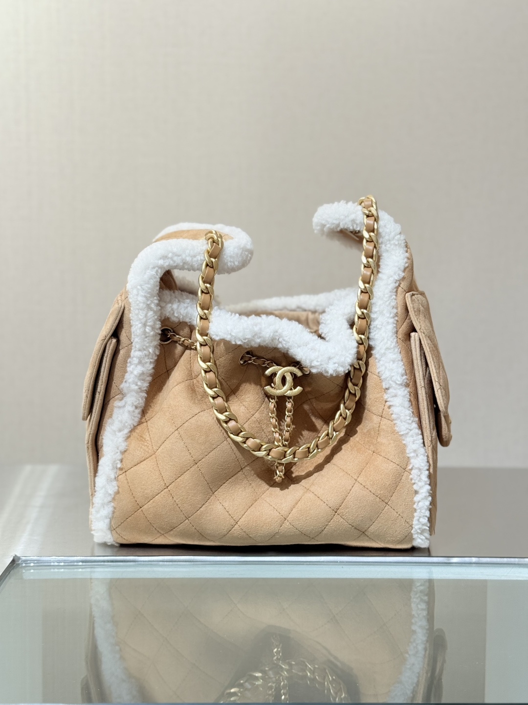 25K Fall-Winter 25 Bag Shearling Suede Drawstring Hobo Bucket Bag in Caramel with Vintage Gold Hardware (Model AS5293)
