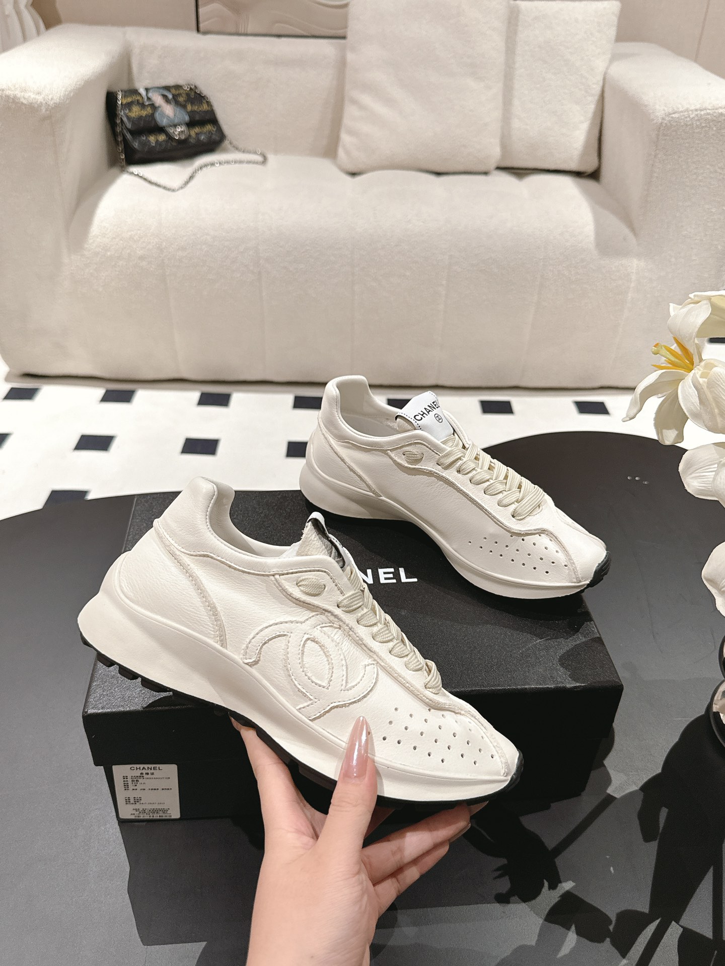 CHANEL Calfskin White Sneakers