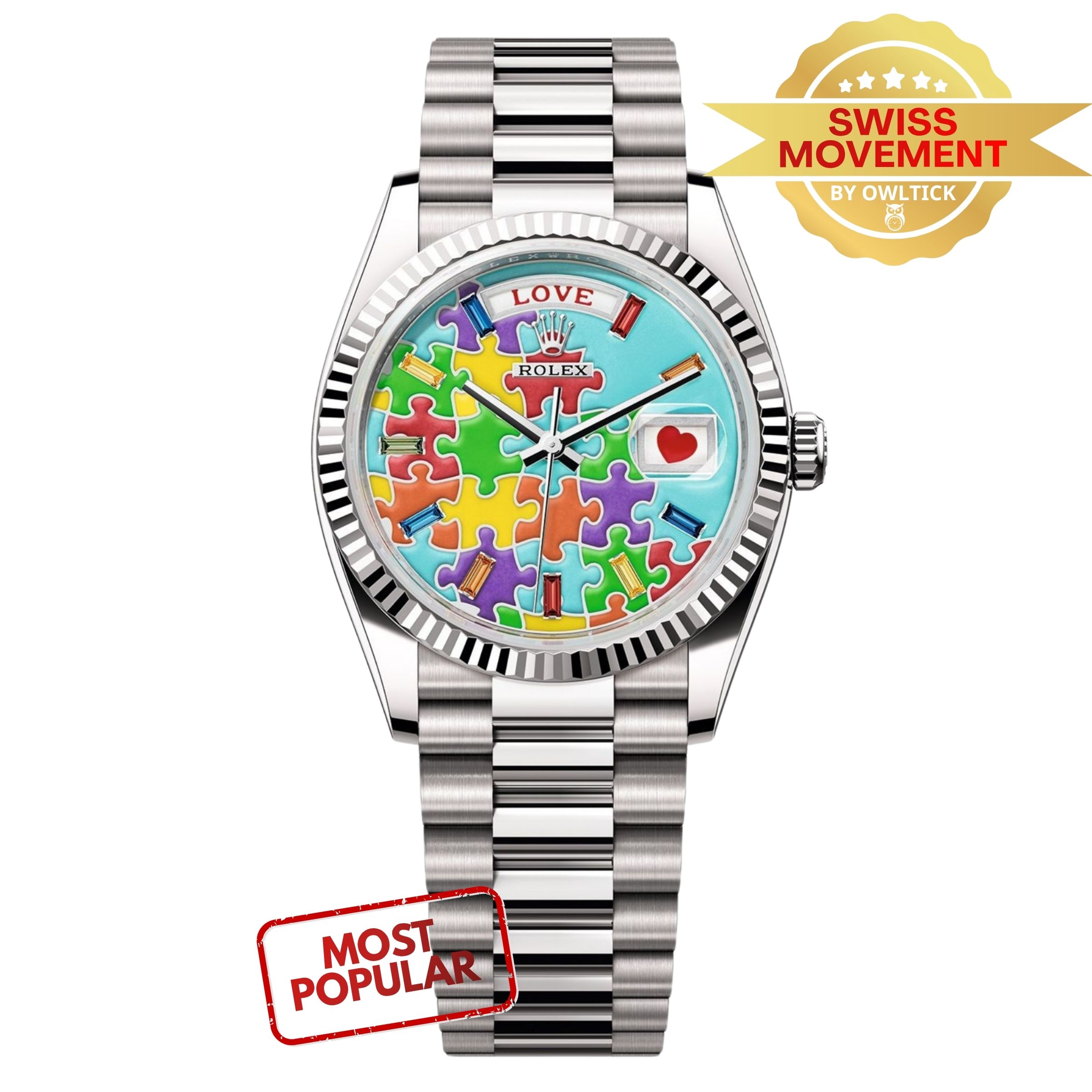 [Superclone] Rolex Day-Date 36mm Rainbow Sapphire & Puzzle Dial White President 128235