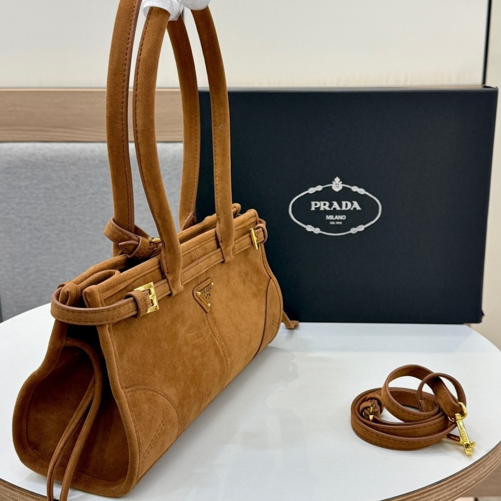 Prada Medium Suede Handbag Cinnamon 32Cm