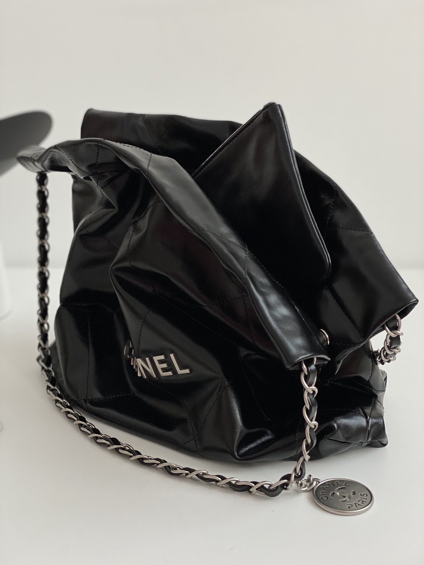 22 Bag Large Hobo in Black Shiny Calfskin with Silver-Tone Hardware