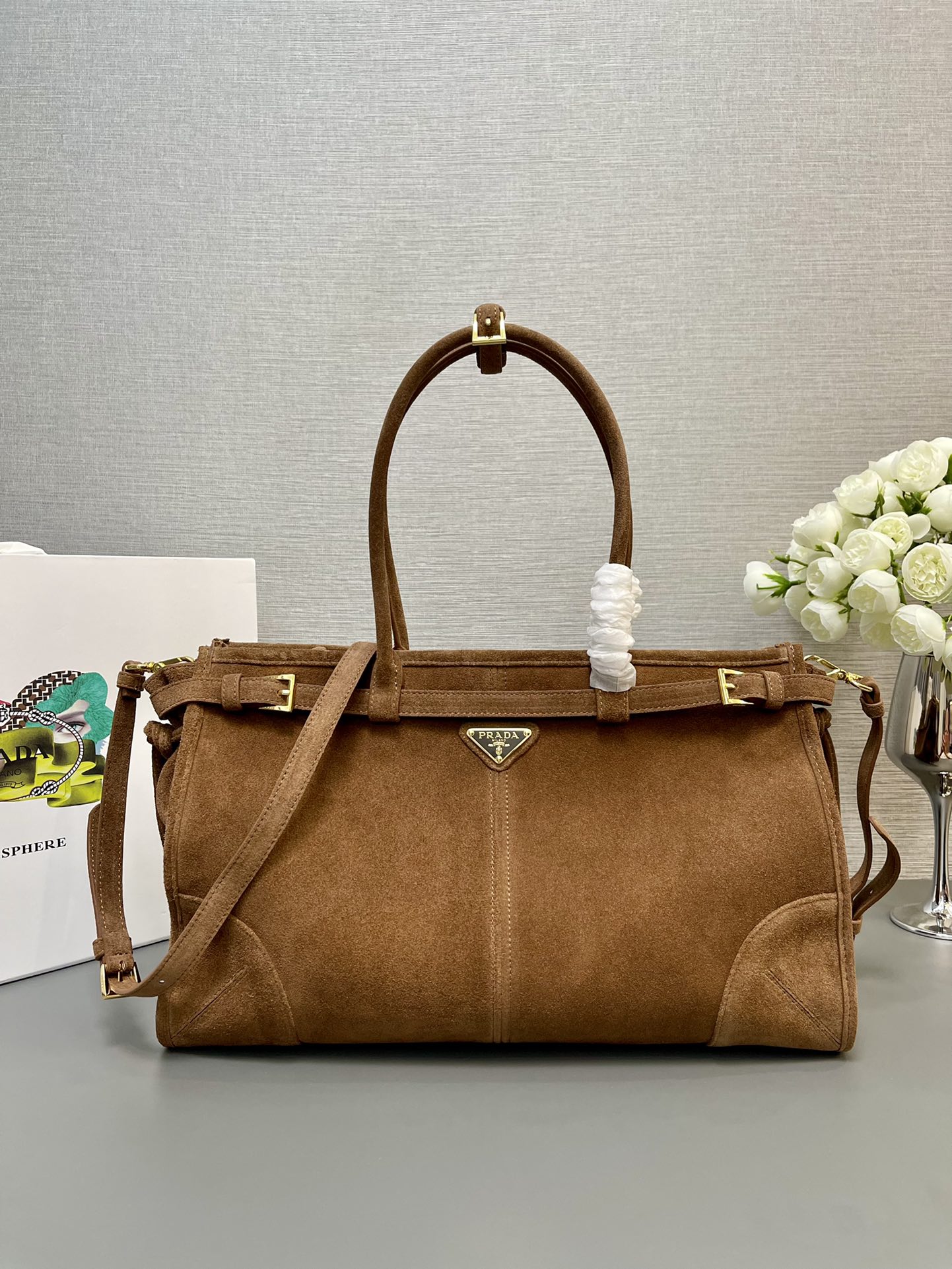 Prada Bonnie Large Suede Handbag Cocoa Brown 38cm
