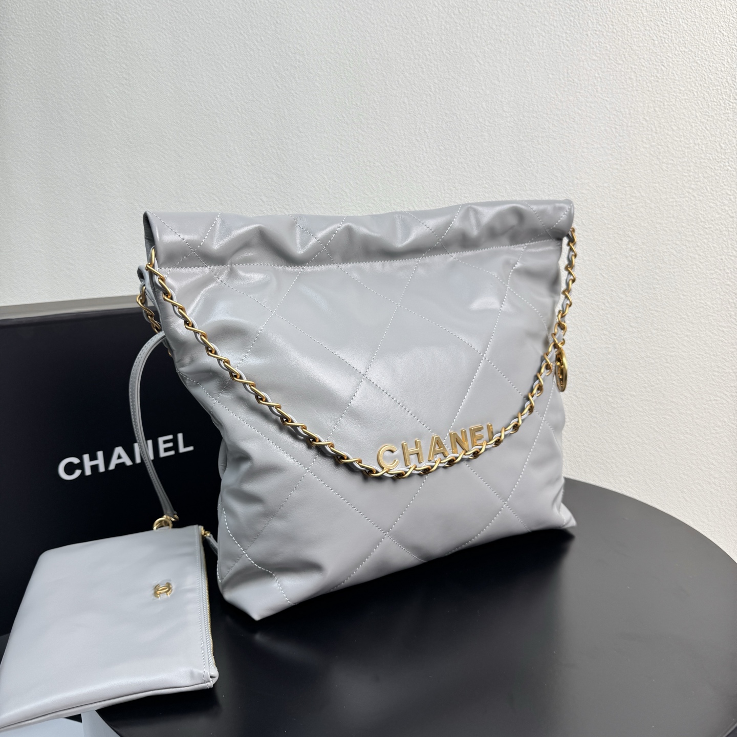 22 Bag Quilted Shiny Calfskin in Light Grey (Gold Hardware)