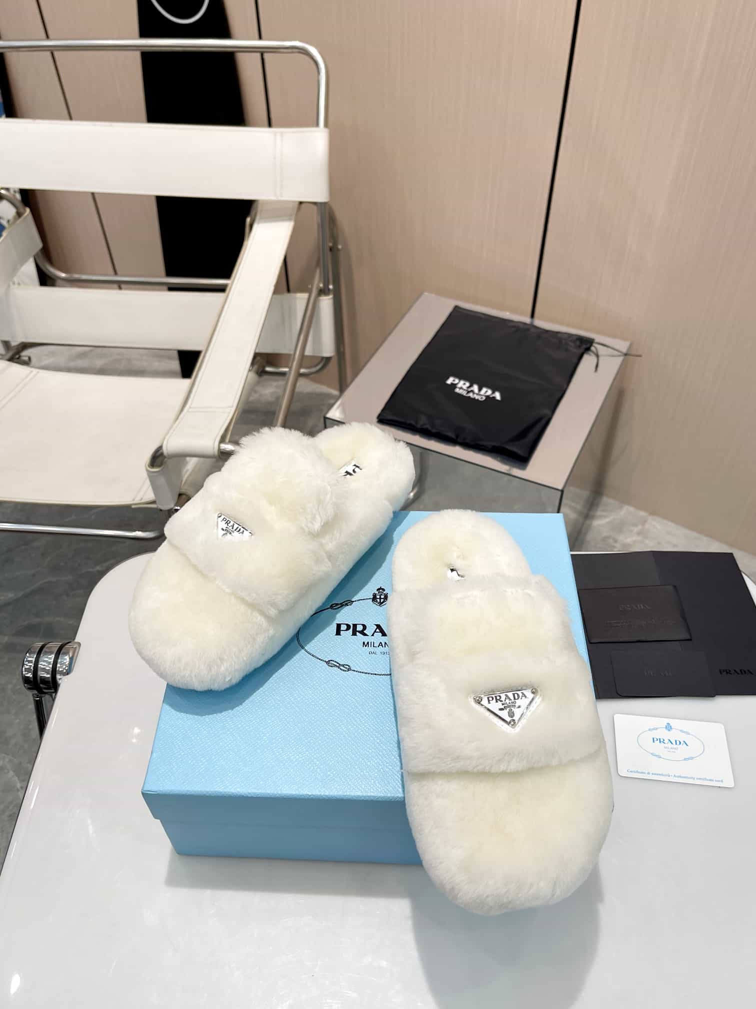 Prada Shearling Sabots White