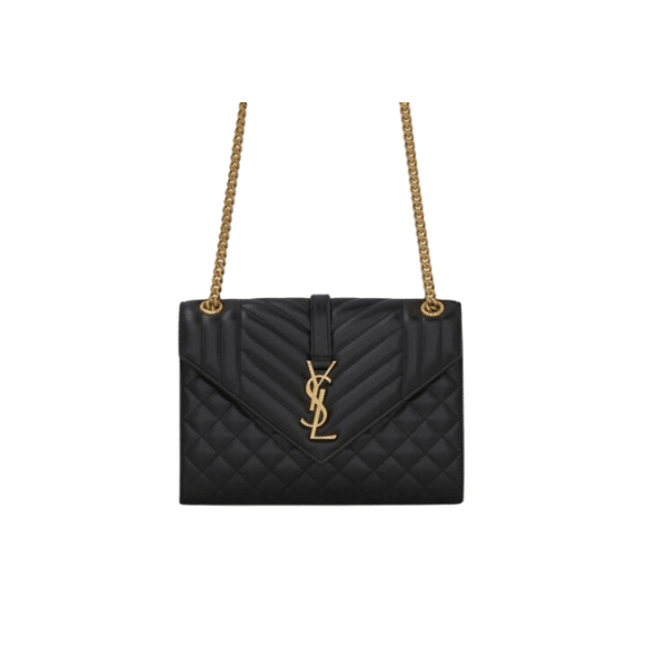 Saint Laurent Envelope Medium Chain Bag In Supple Matelasse Leather Black Gold 24Cm