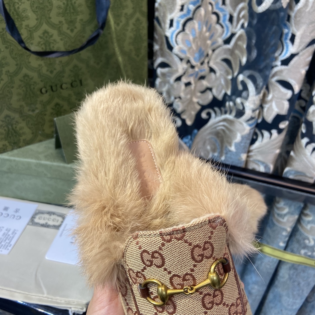 Gucci Princetown Lamb Fur Slippers Rust Natural