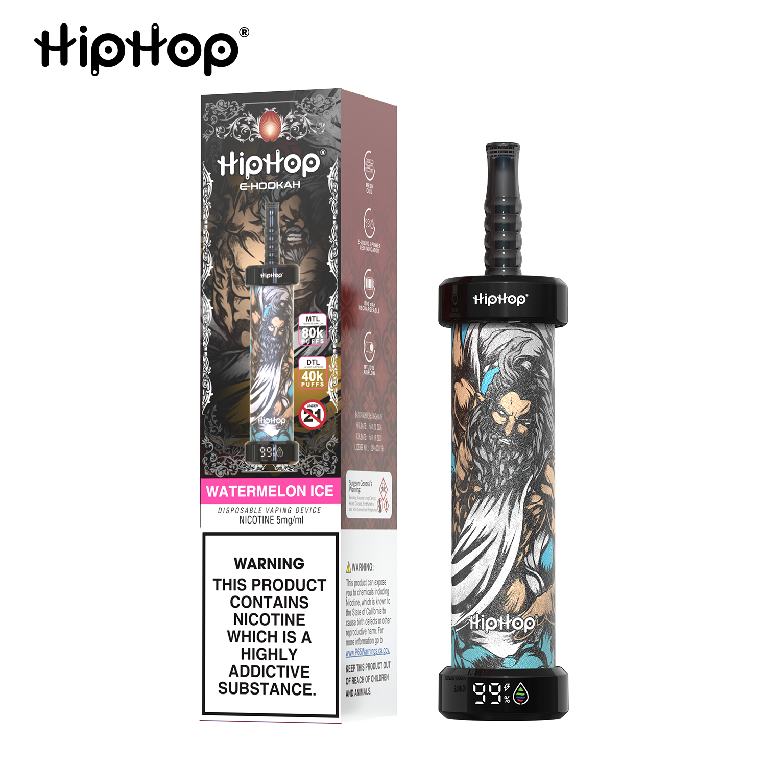 HIPHOP 80k Puffs Prefilled Hookah Vape |  Rechargeable