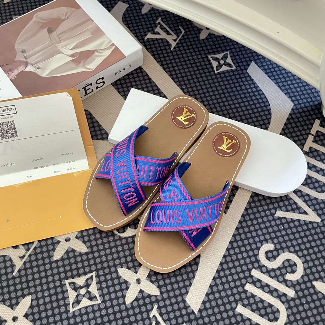 Louis Vuitton Cross Strap Flat Slides Blue