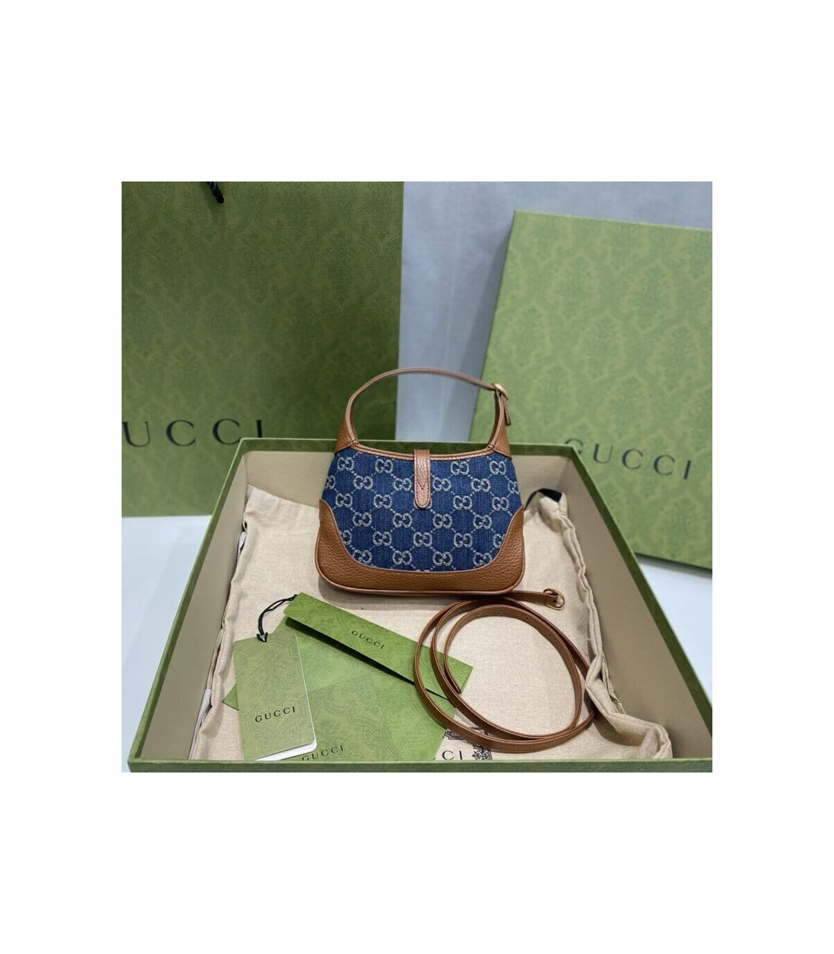 Gucci Jackie 1961 Mini Shoulder Bag in Blue Jacquard Denim 19cm