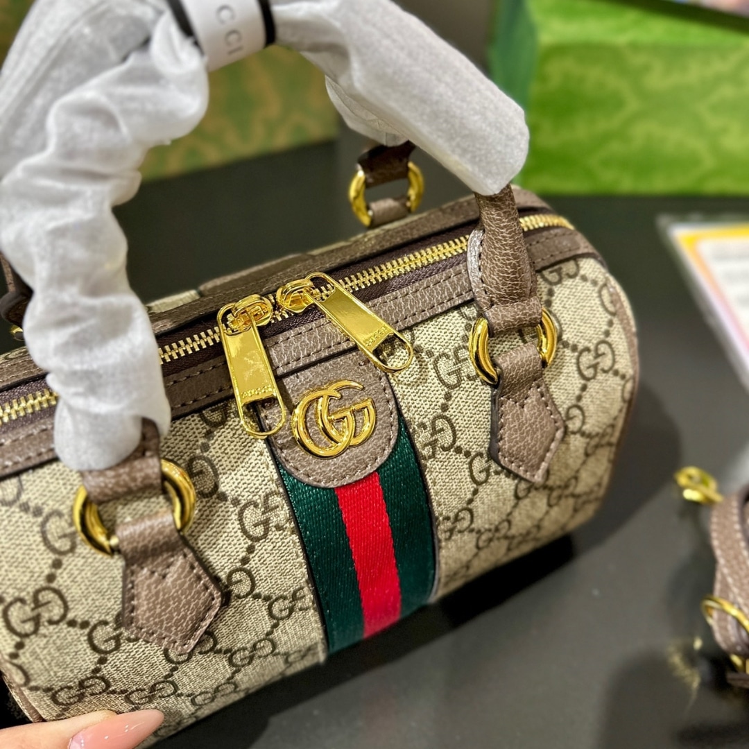 Gucci Ophidia Small Boston Bag GG Monogram Beige And Dark Brown 22Cm 772053 96IWG 8745