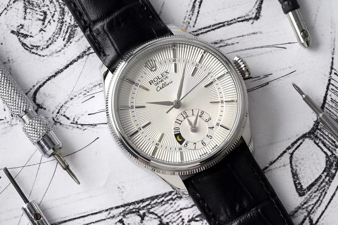【Super Clone】Rolex Cellini Dual Time 50529 Silver Sunburst Dial Brown Leather Strap 39mm Mens Replica Watch