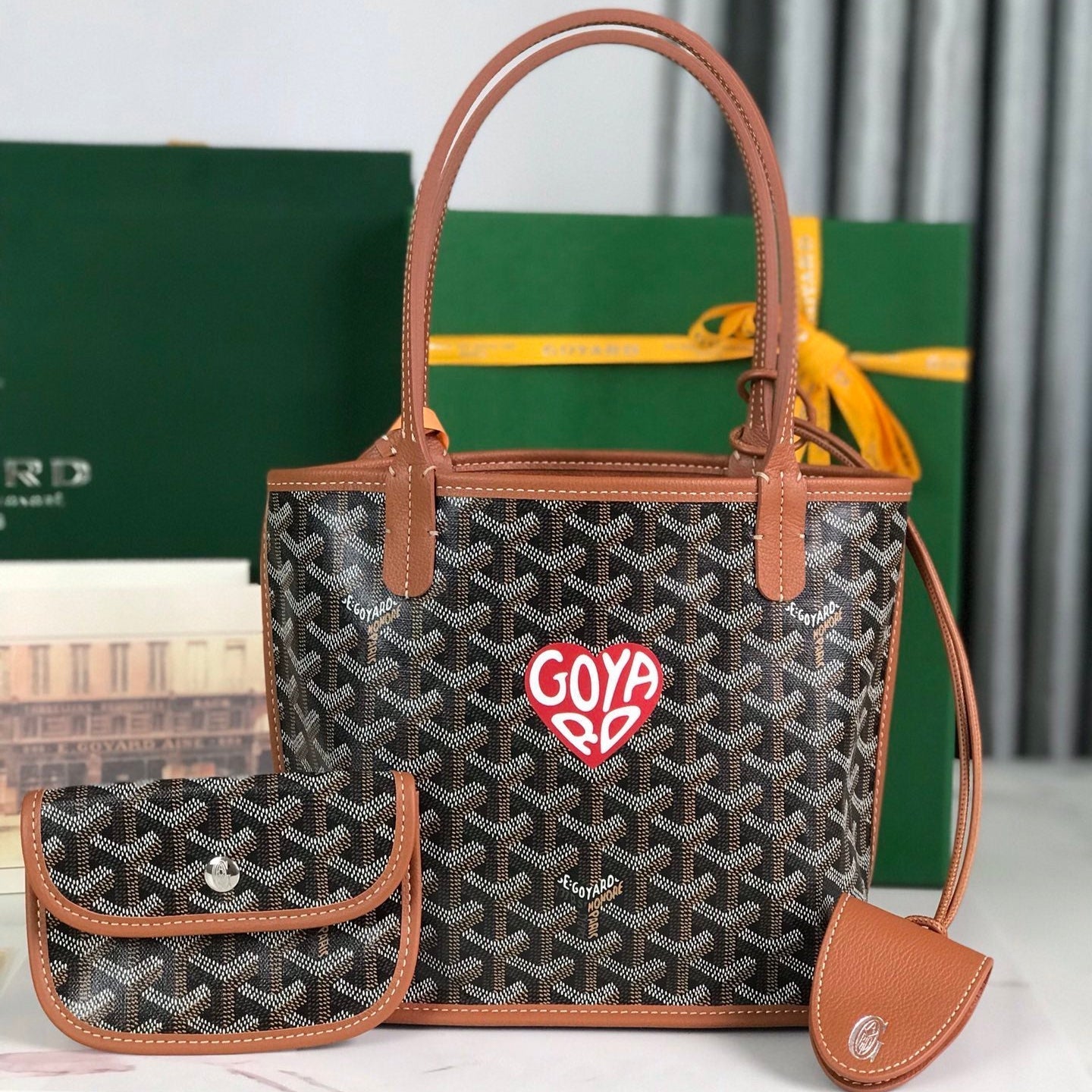 Goyard Anjou Mini Bag 20 Cm Tan Calfskin And Black Goyardine Canvas