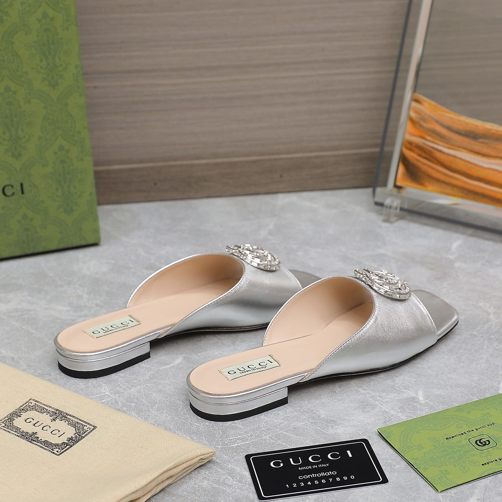 Gucci Gg Crystal Slippers Silver