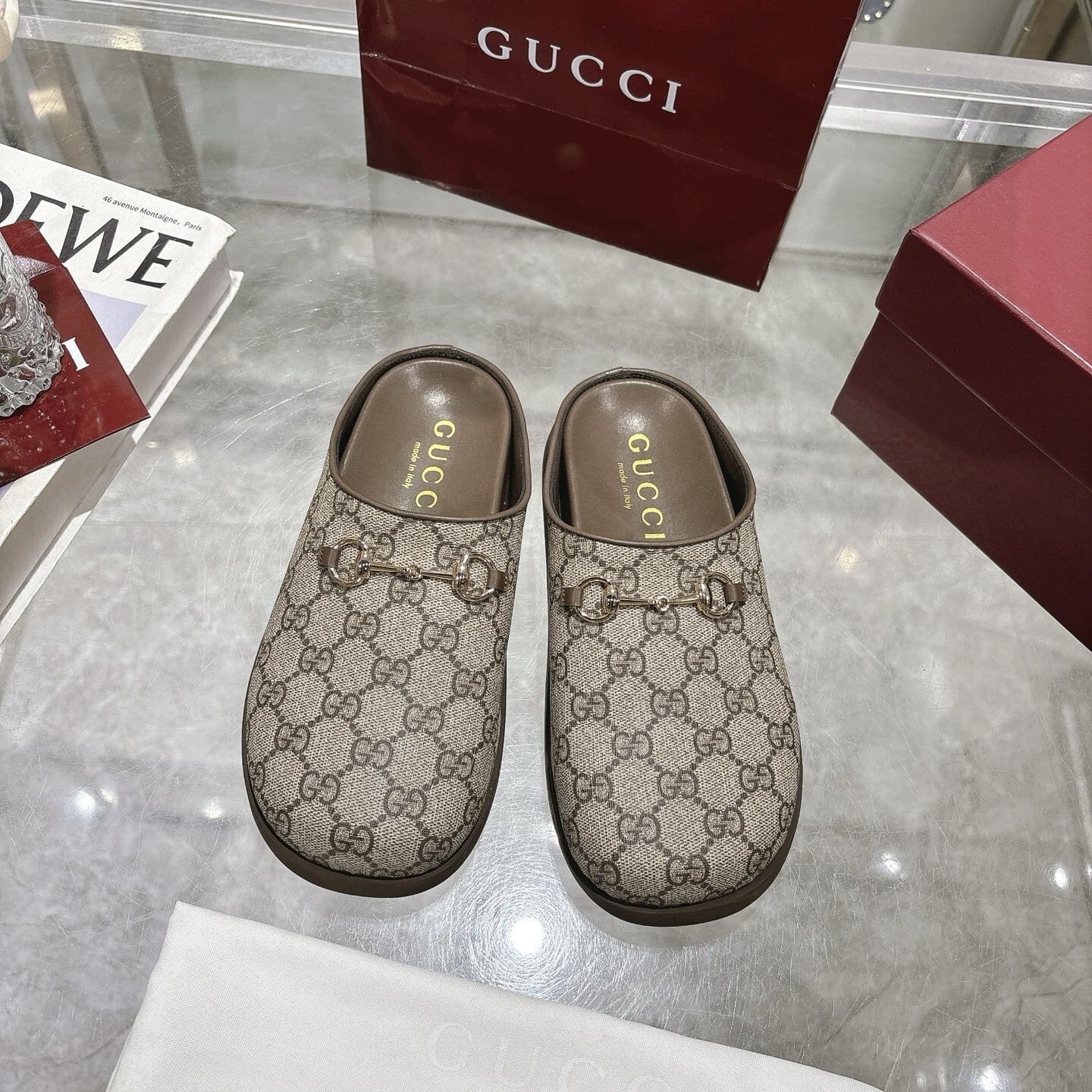 Gucci Women Mule With Horsebit Camel And Dark Brown Gg Canvas 837130 Fab10 2543