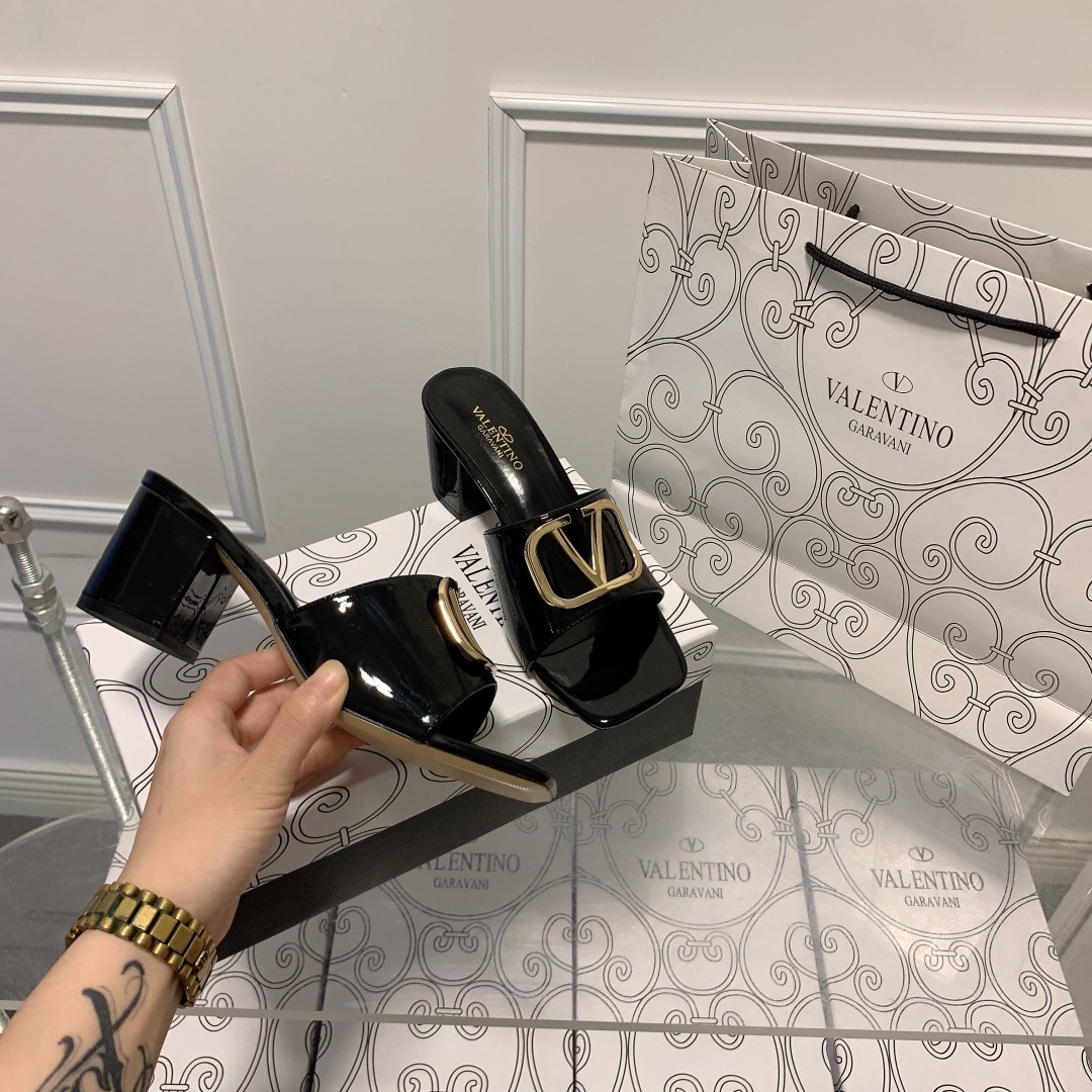 Valentino VLogo Signature Square-Toe Mid-Heel Slide Sandals - Black