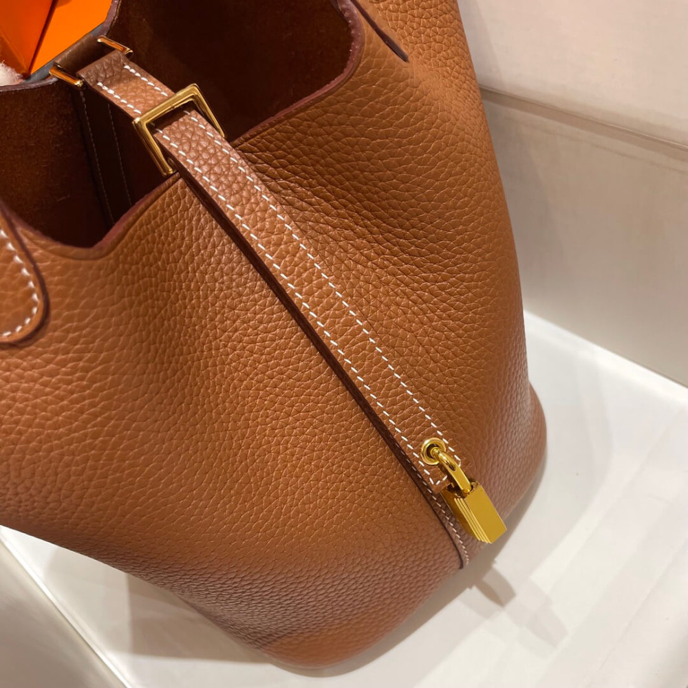 Hermes Picotin Lock Bag In Taurillon Clemence Gold Brown 22Cm