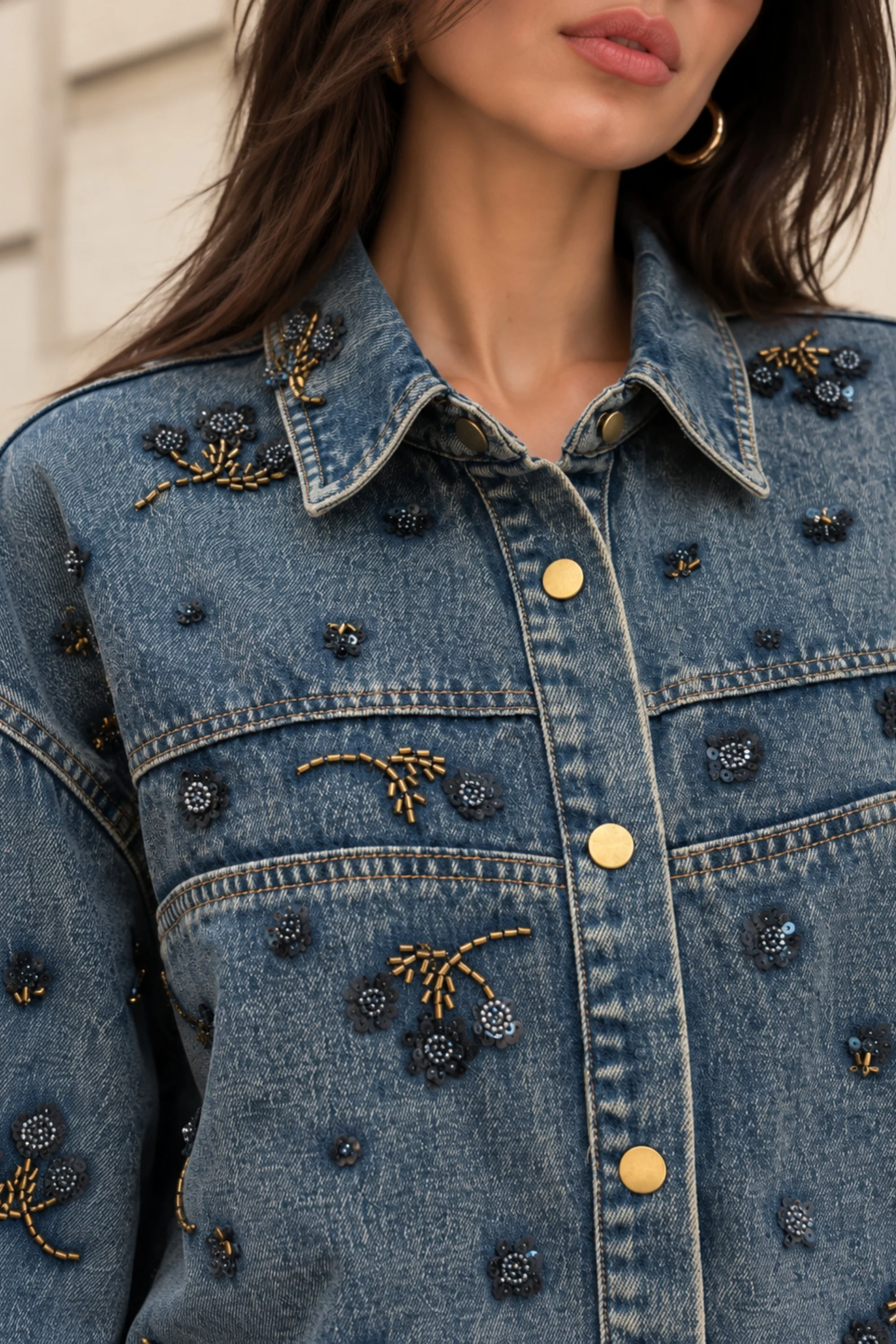 Denim Beaded Floral Oversized Shacket