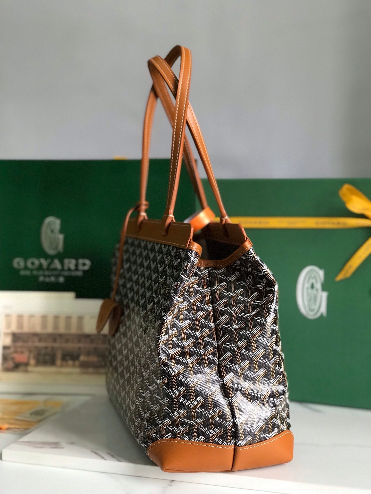 Goyard Bellechasse Biaude Pm Bag 36 Cm Black Goyardine Canvas And Tan Calfskin Trim