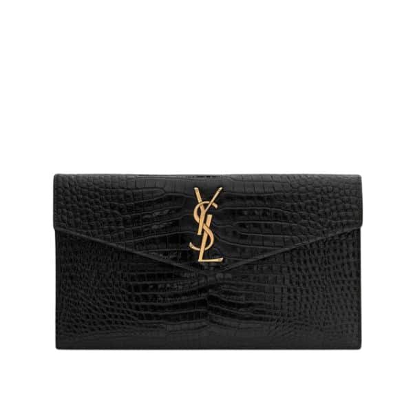 Saint Laurent Uptown Pouch In Crocodile Embossed Shiny Leather