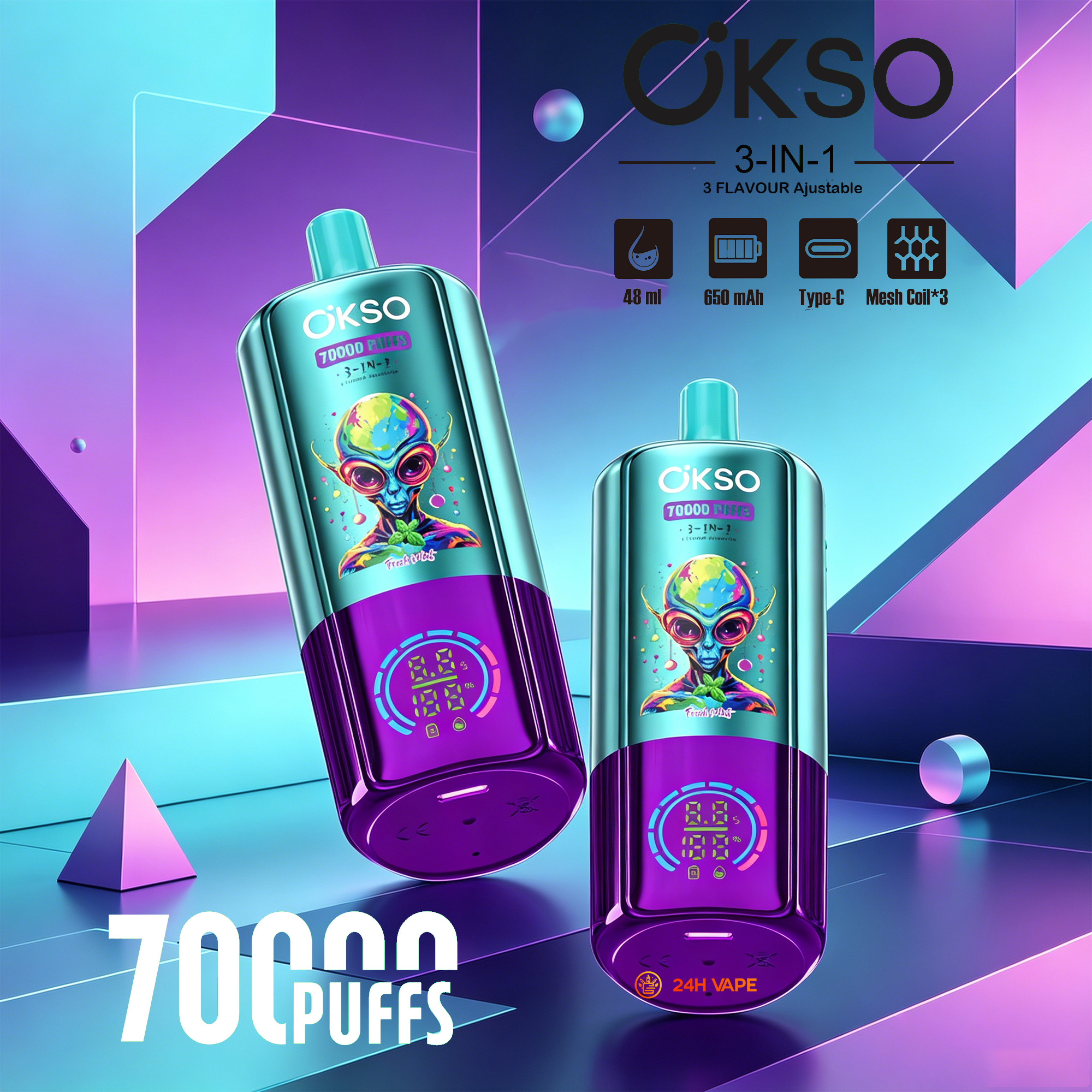 OKSO 3-IN-1 70000 70K Puffs 3 Flavors Adjustable LED Display Disposable Vape