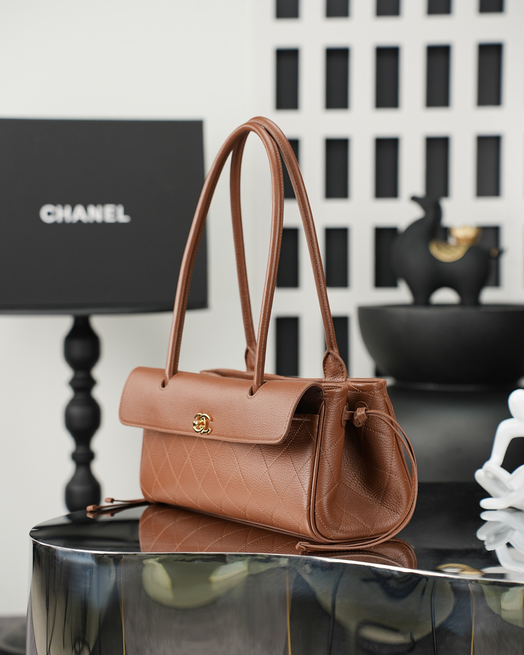 Spring-Summer 2026 Caramel Quilted Caviar Leather Baguette Shoulder Bag with Gold-Tone Hardware & Long Handle
