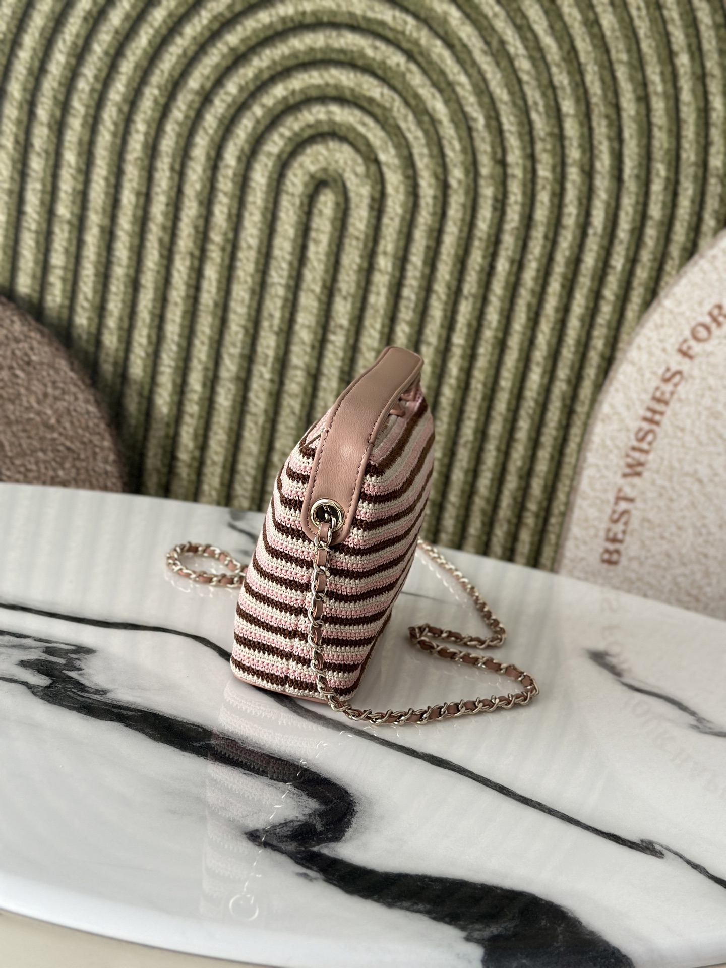 26P Cruise Mini Hobo Pouch with Chain in Pink/Brown/White Striped Crochet and Lambskin with Light Gold-Tone Hardware