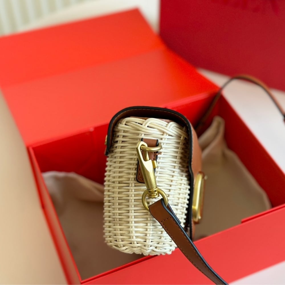 Valentino Loco VLogo Flap Straw Shoulder Bag Brown 18Cm