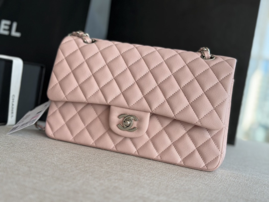 Chanel Classic Double Flap Bag Caviar Silver Hardware Light Pink 25Cm/10in