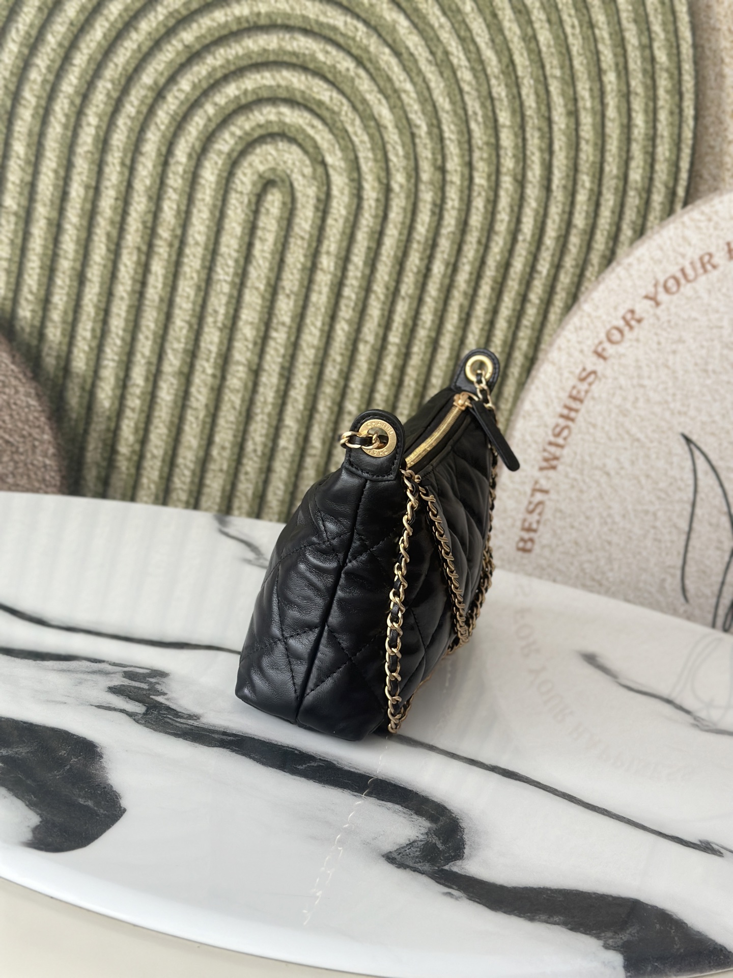 25S Black Shiny Lambskin Quilted Hobo Shoulder Bag with Gold-Tone Hardware