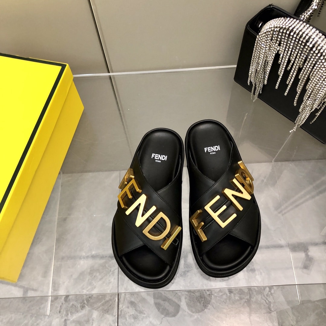 Fendi Fendigraphy Leather Slides Black 8X8289Ai1Rf1H1K