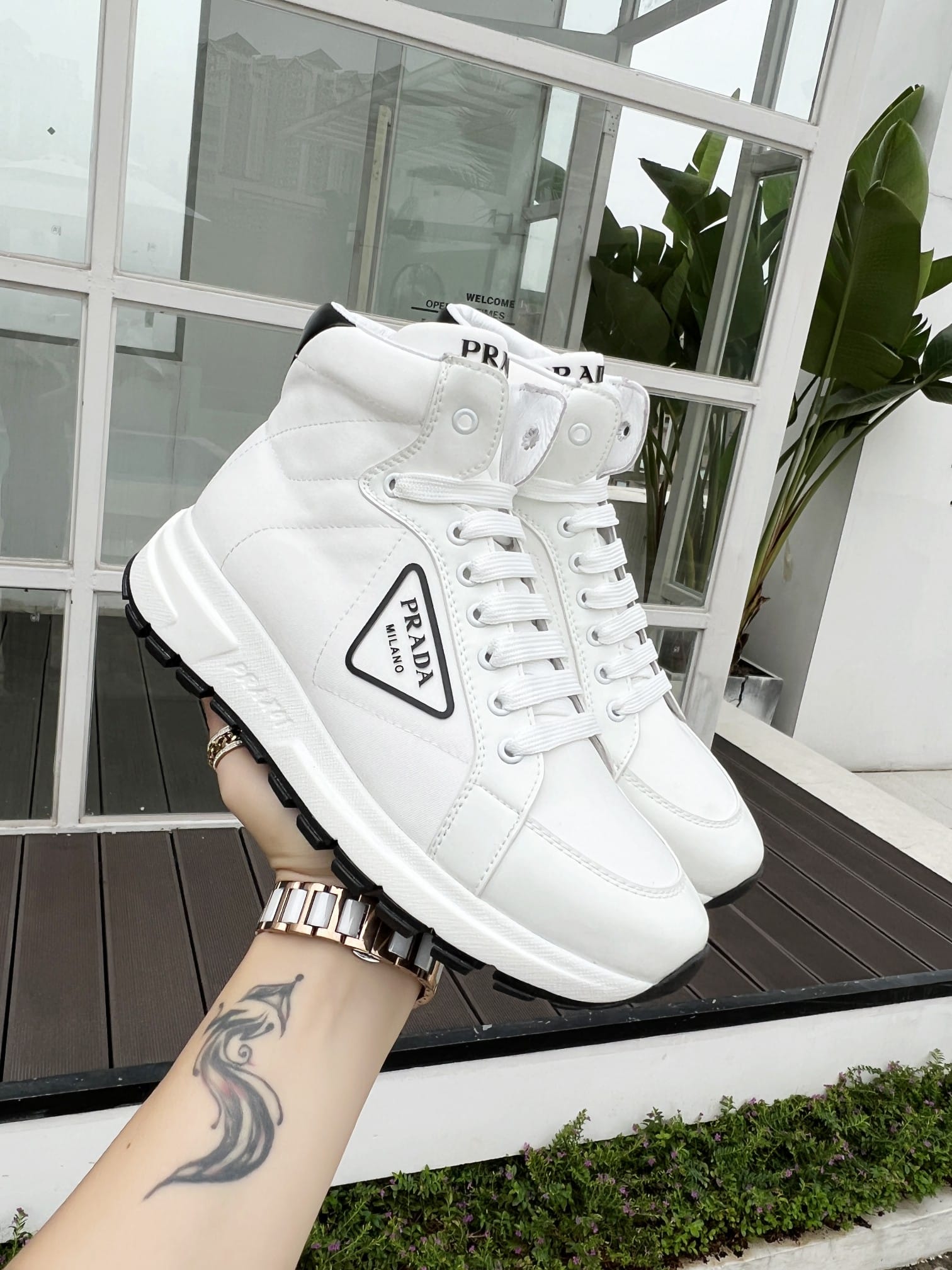 Prada Prax 01 Re Nylon And Brushed Leather Sneakers White