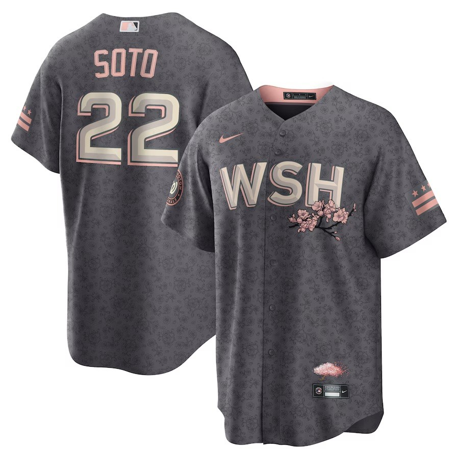 Washington Nationals Juan Soto City Connect Cherry Blossom Jersey Grey
