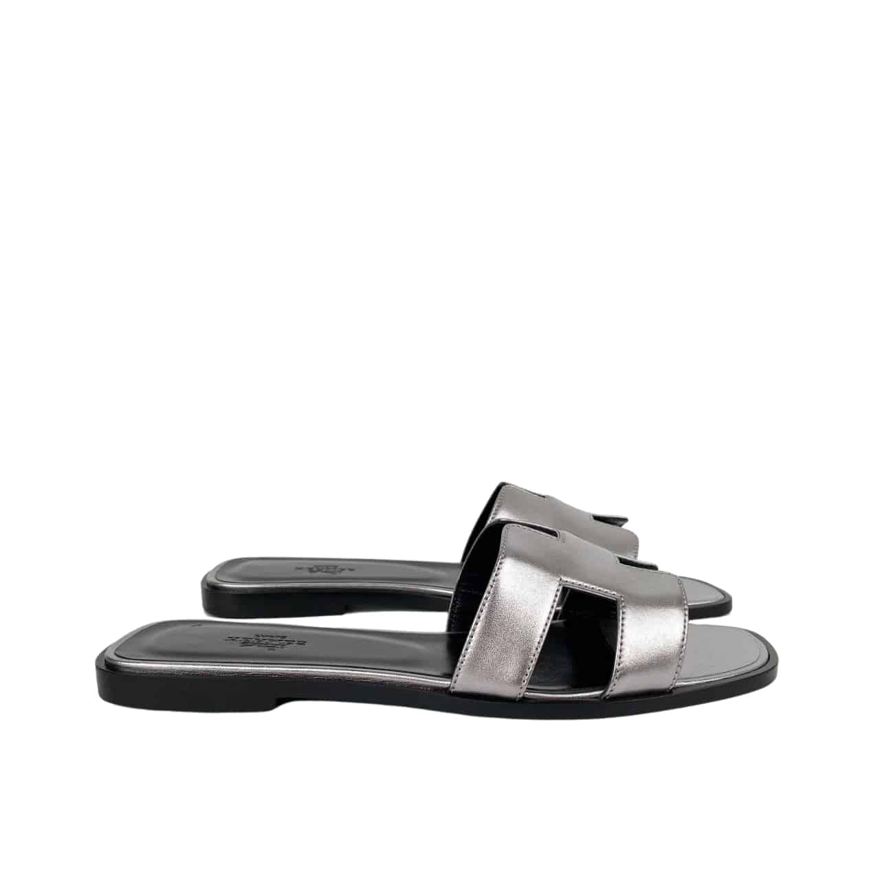 Hermes Slippers Flat Oran Silver And Black H021056Z