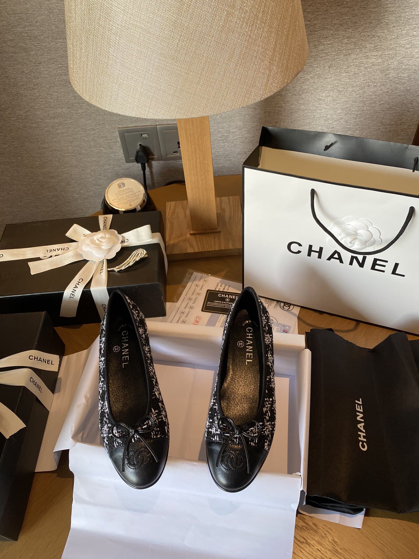 Chanel Plain Toe Rubber Sole Casual Style Tweed Black
