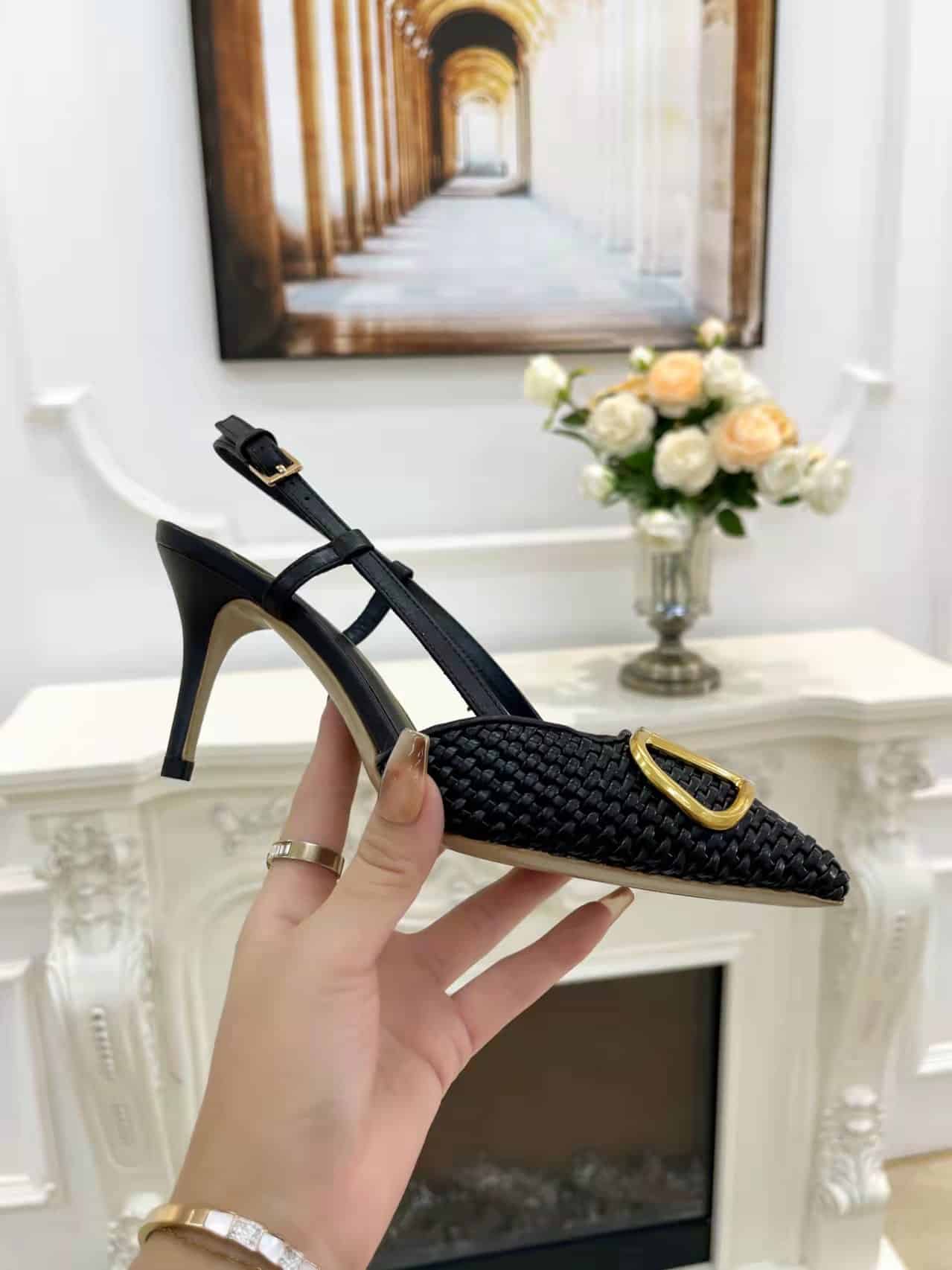 Valentino Garavani Vlogo Woven Leather Slingback Pumps Black