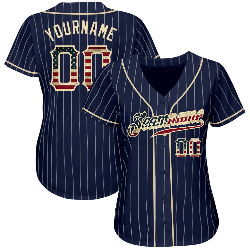 Custom Navy White Pinstripe Vintage USA Flag-Cream  Baseball Jersey