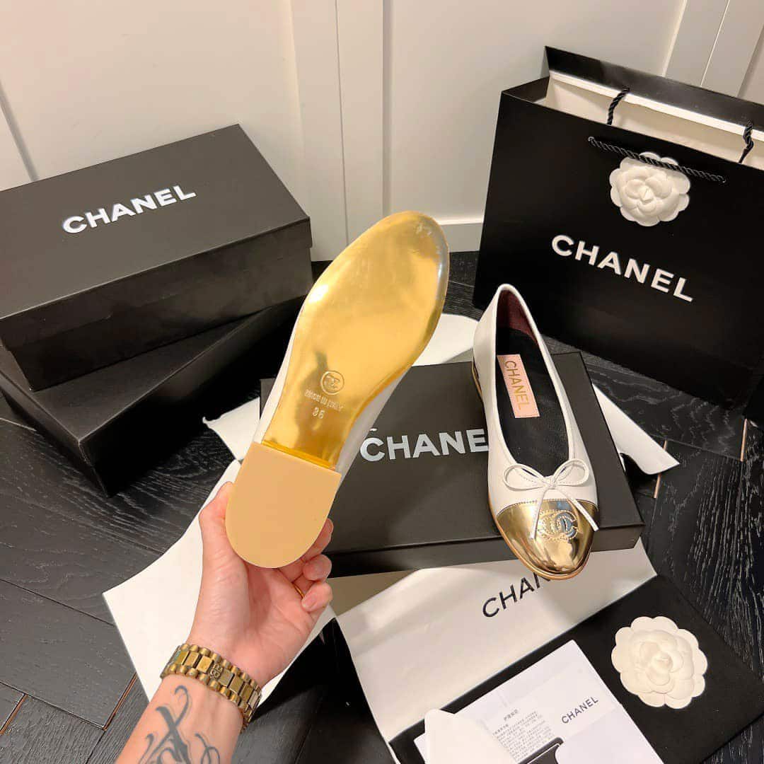Chanel Leather Cap Toe Ballet Flats White Gold