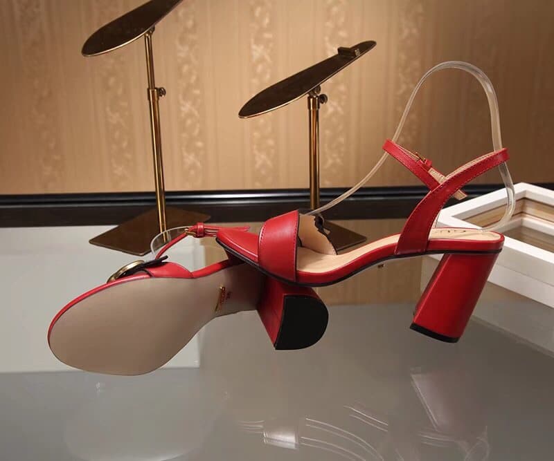 Gucci Double G Leather Mid Heel Sandal Red ?453379 A3N00