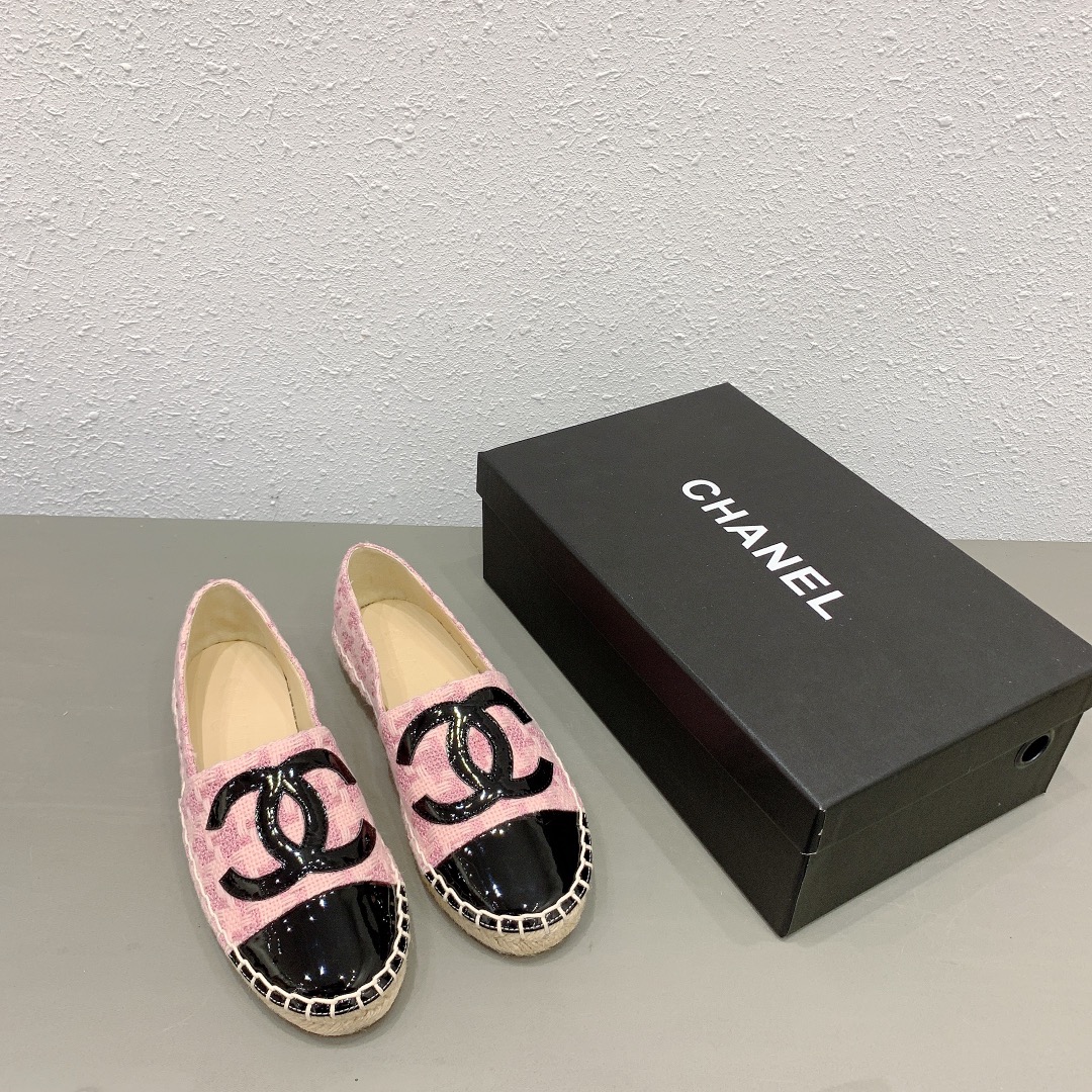 Chanel Tweed Patent Cc Espadrilles Slip On Pink Black