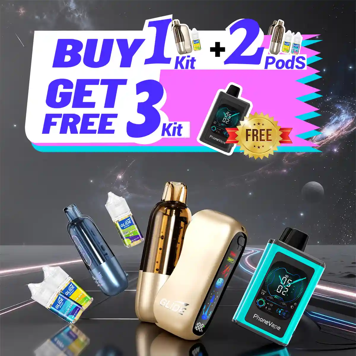 【Buy 1 + 2 Get 3 Free】BYKUX GLIDE 80K Puffs Replaceable Vape Combo Sales 【1 Kit + 2 Pods】